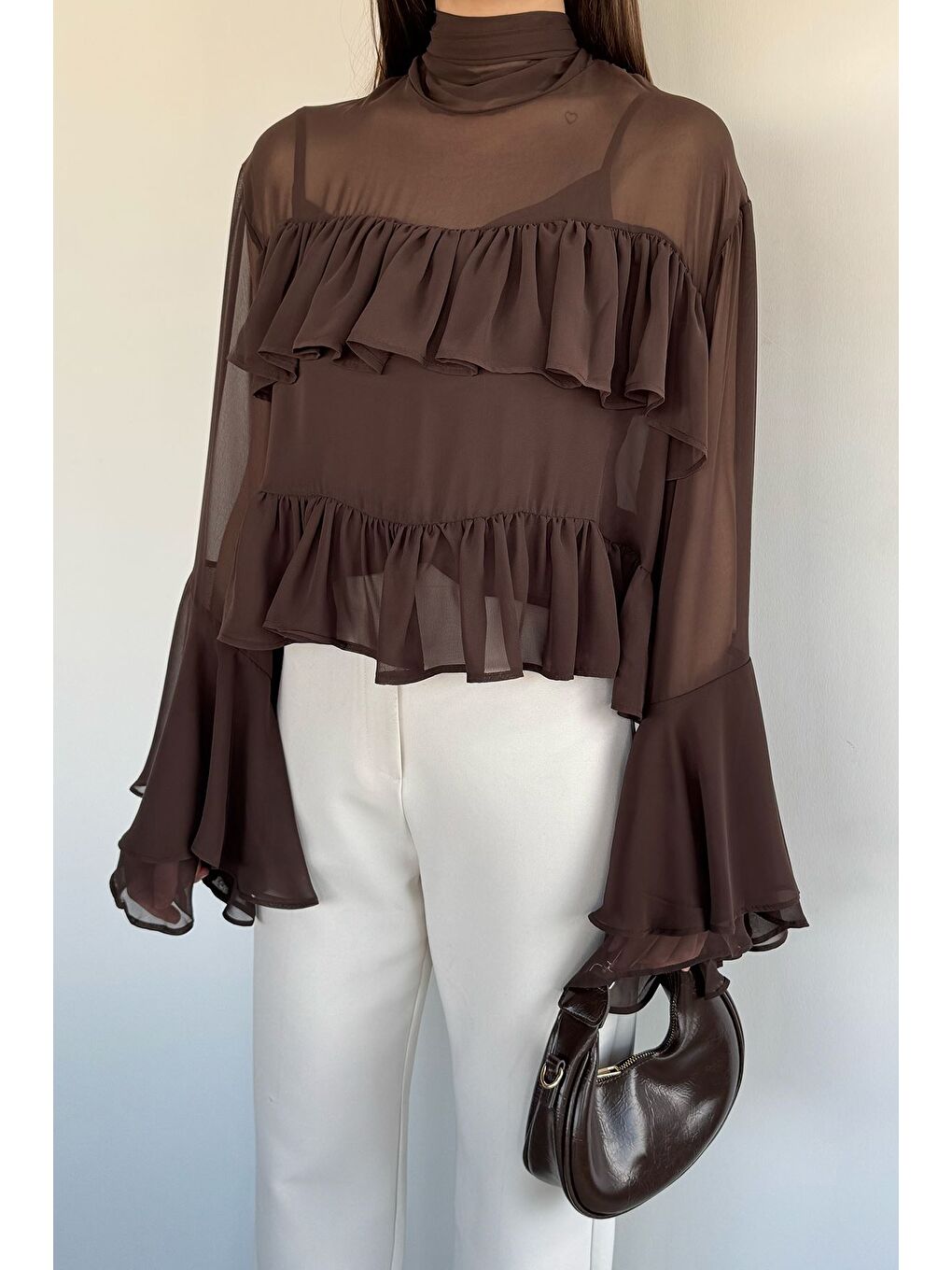 Kahverengi Kadın Atlet Kombinli Kat Kat Tül Bluz-1