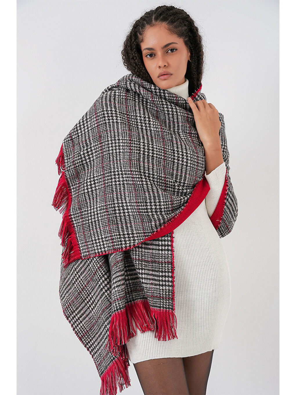 Kadın Yumuşak Dokulu Kalın Şal Atkı 15951 - Kırmızı-1