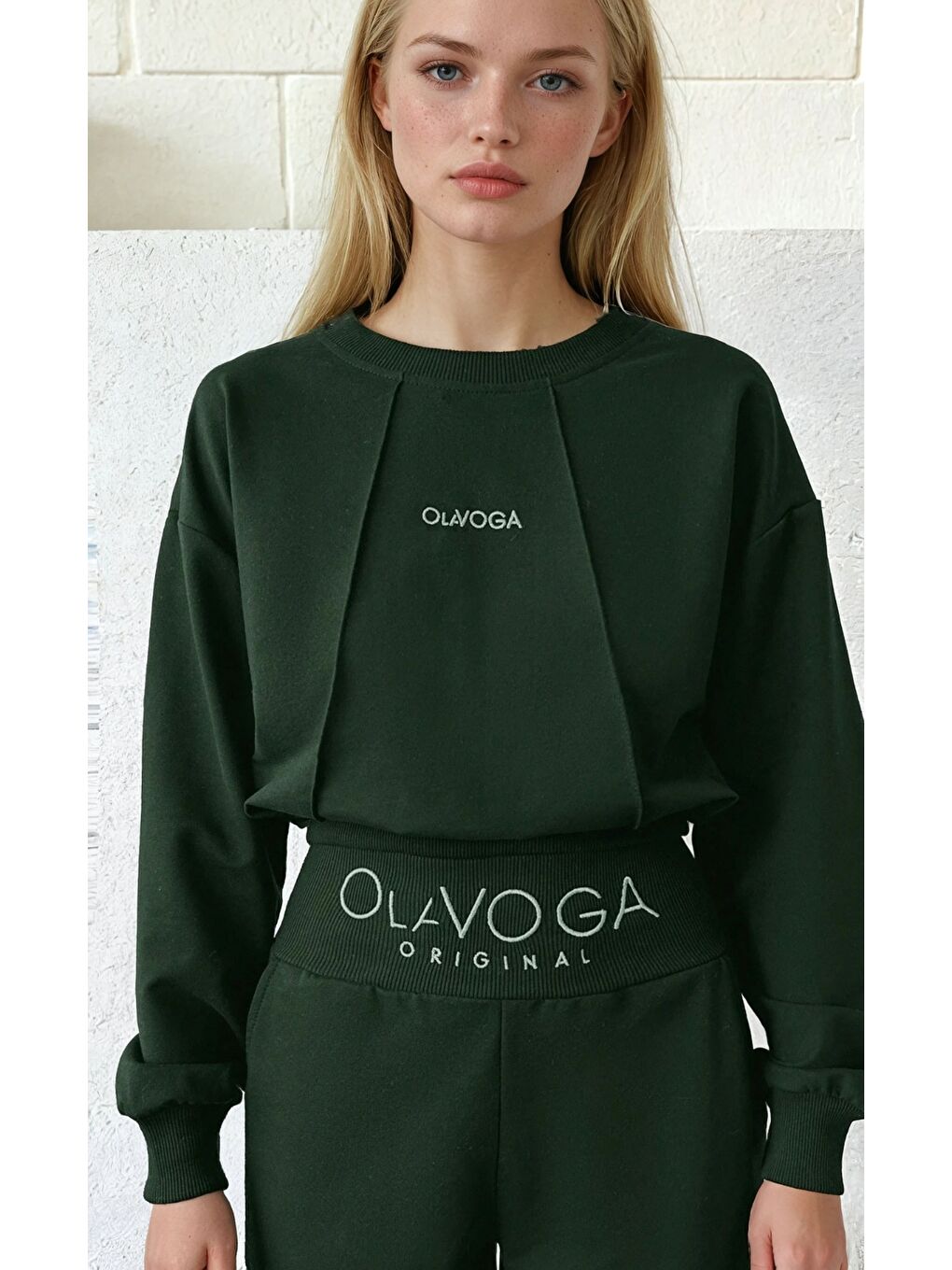 Yeşil Kadın Logo Baskılı Crop Sweatshirt Jogger Eşofman Takımı-1