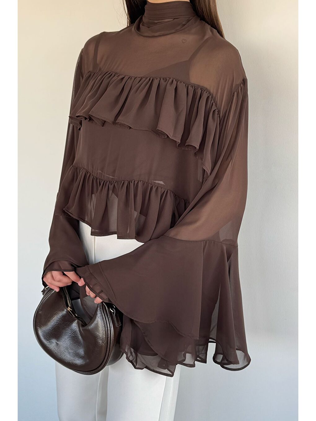 Kahverengi Kadın Atlet Kombinli Kat Kat Tül Bluz-2