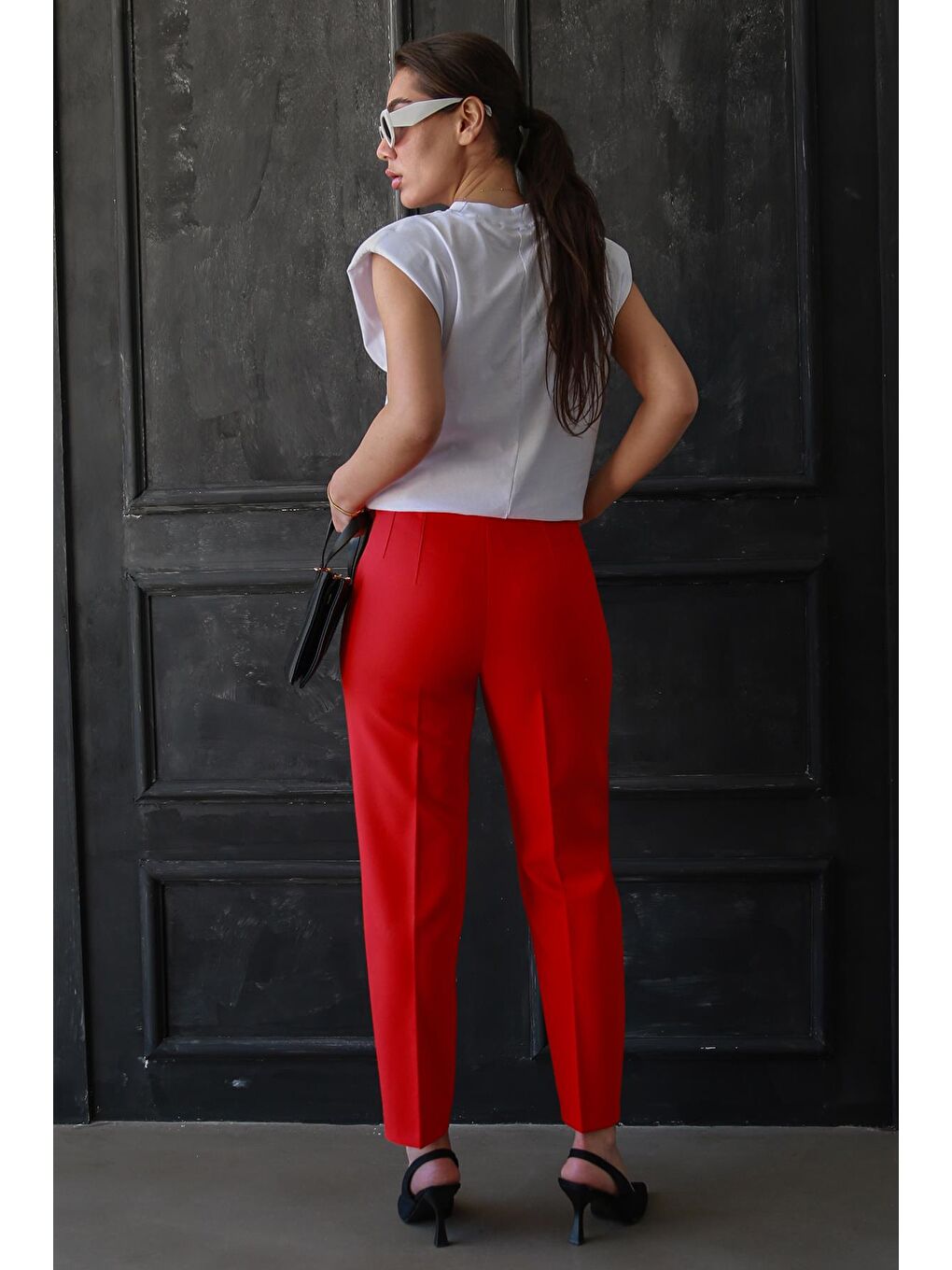 Kırmızı Önü Biyeli Yüksek Bel Kadın Pantolon Mg2425-6