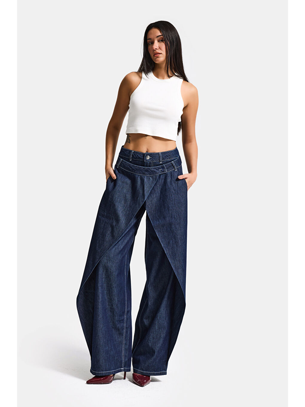 Kadın İndigo Bol Kesim Balon Fit Çift Pantolon Detaylı Özel Tasarım Denim Jean-1