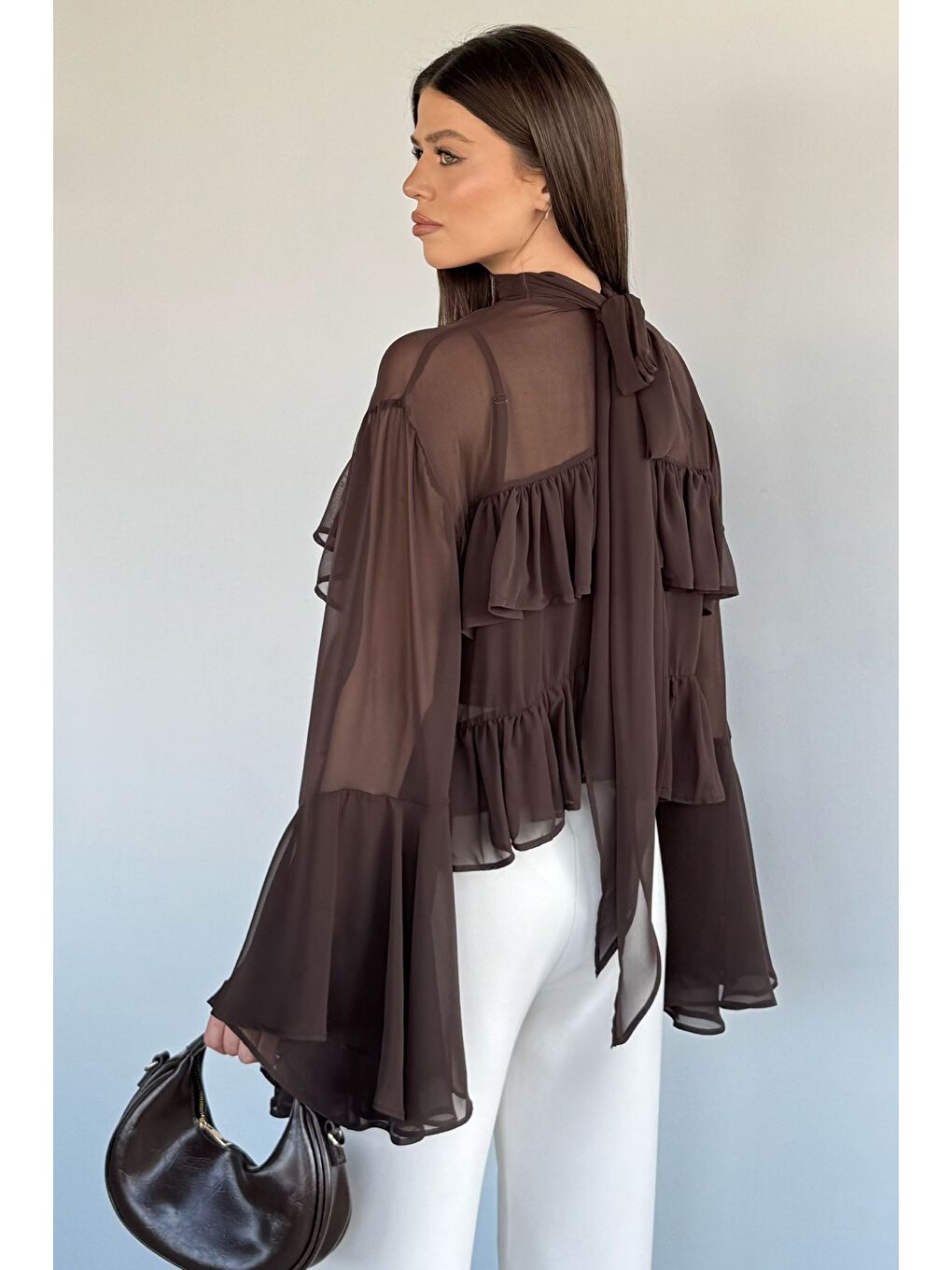 Kahverengi Kadın Atlet Kombinli Kat Kat Tül Bluz-3