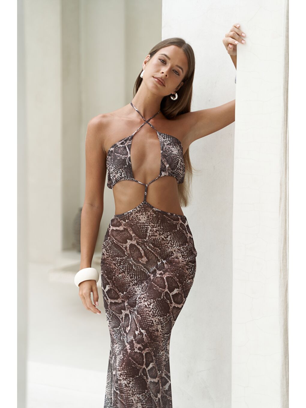 Bej Griffin Bağcık Detaylı Vizon Uzun Elbise-3