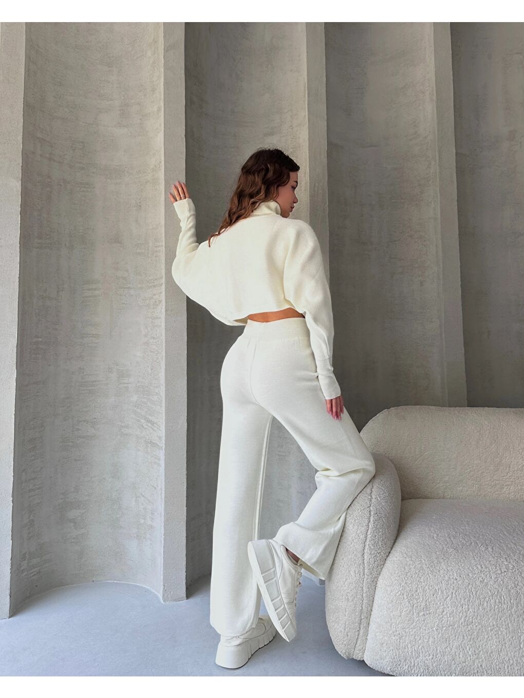 Beyaz Balıkçı Crop Kazak ve Pantolon Triko Takım-1