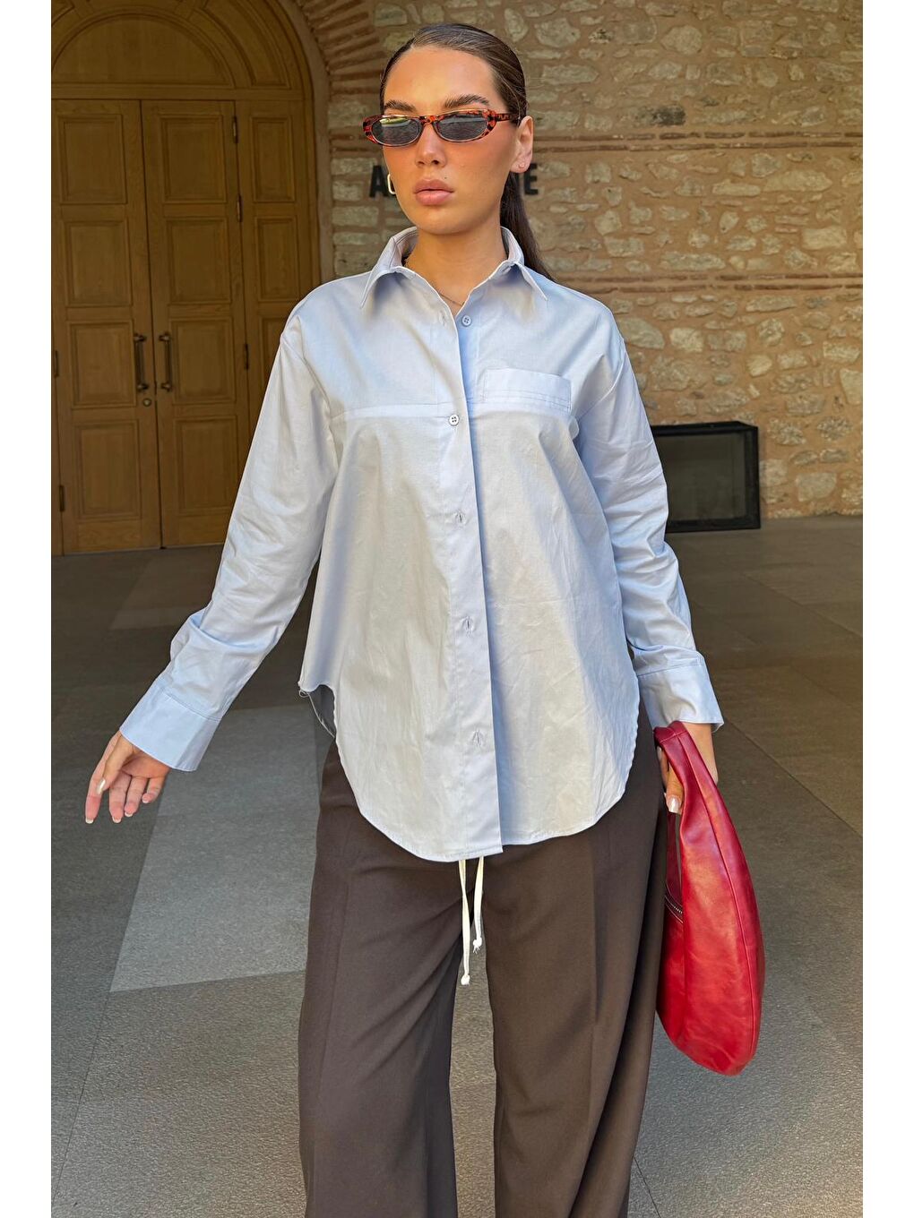 Mavi Düz Kesim Düğmeli Kadın Gömlek Mg2583-1