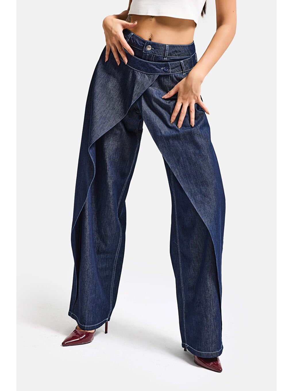 Kadın İndigo Bol Kesim Balon Fit Çift Pantolon Detaylı Özel Tasarım Denim Jean-2