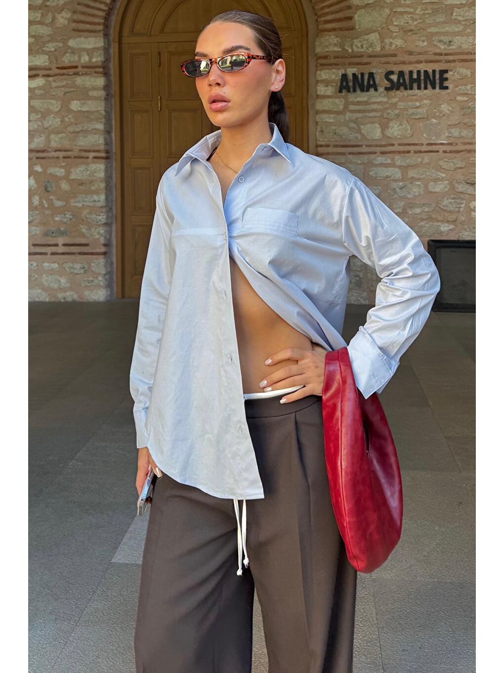 Mavi Düz Kesim Düğmeli Kadın Gömlek Mg2583-2