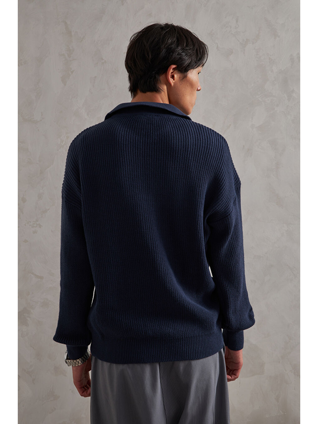 Lacivert Erkek Yakası Fermuarlı Oversize Kazak-4