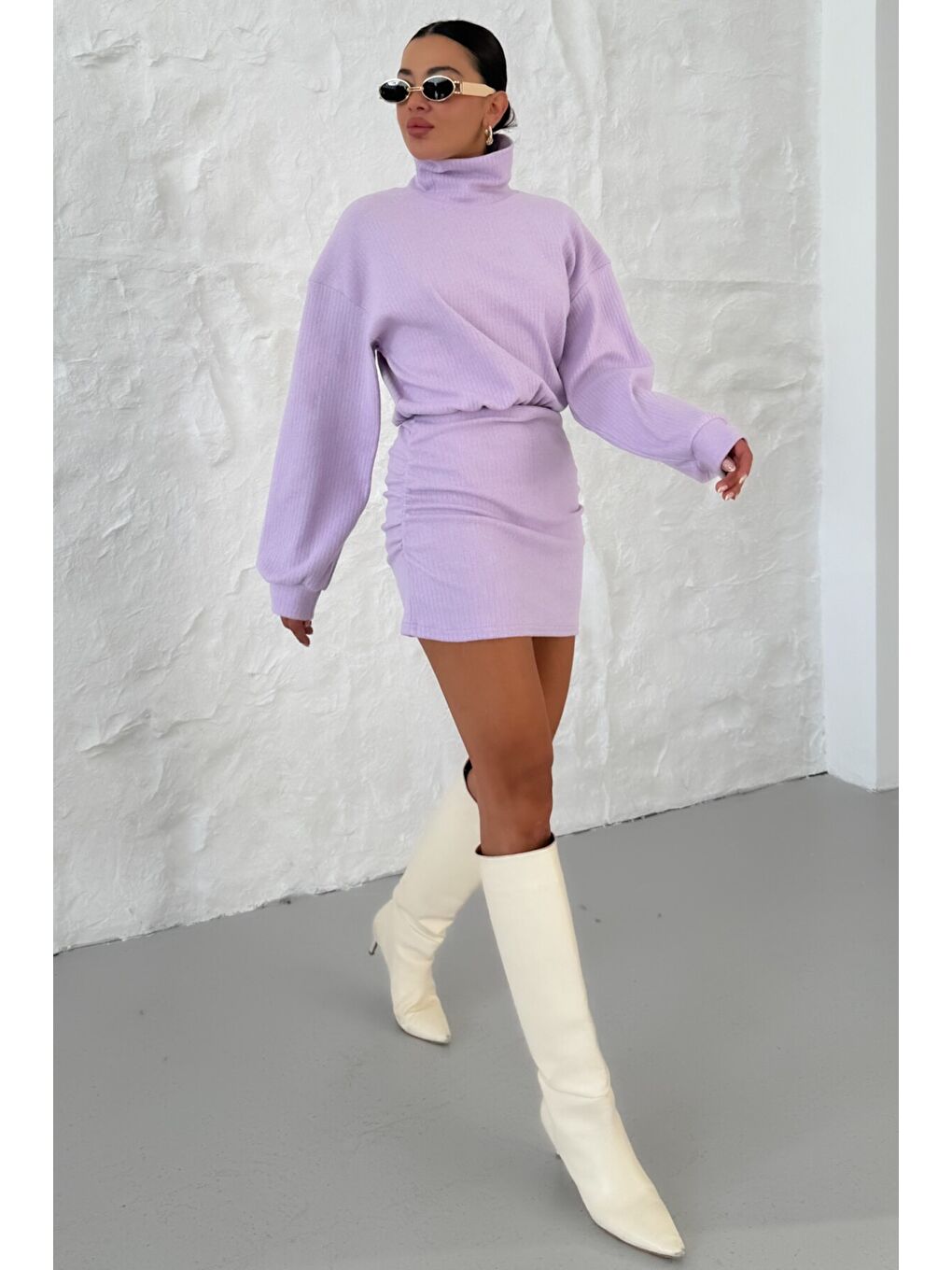 Mor Kadın Eflatun Boğazlı Bel Lastikli İnterlok Mini Elbise-3