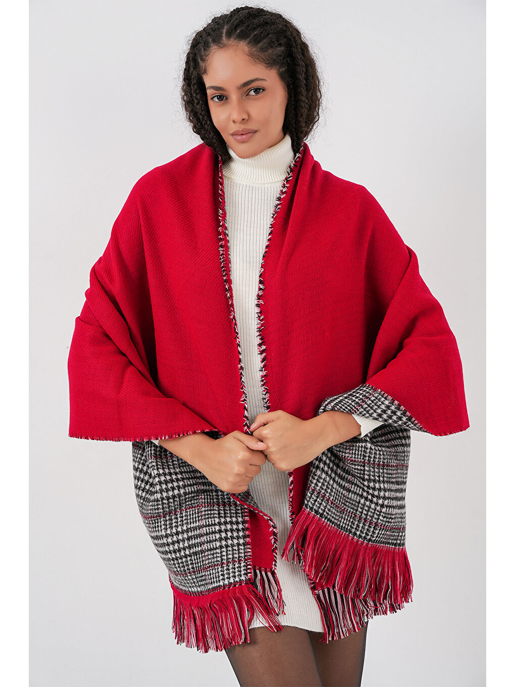 Kadın Yumuşak Dokulu Kalın Şal Atkı 15951 - Kırmızı-2