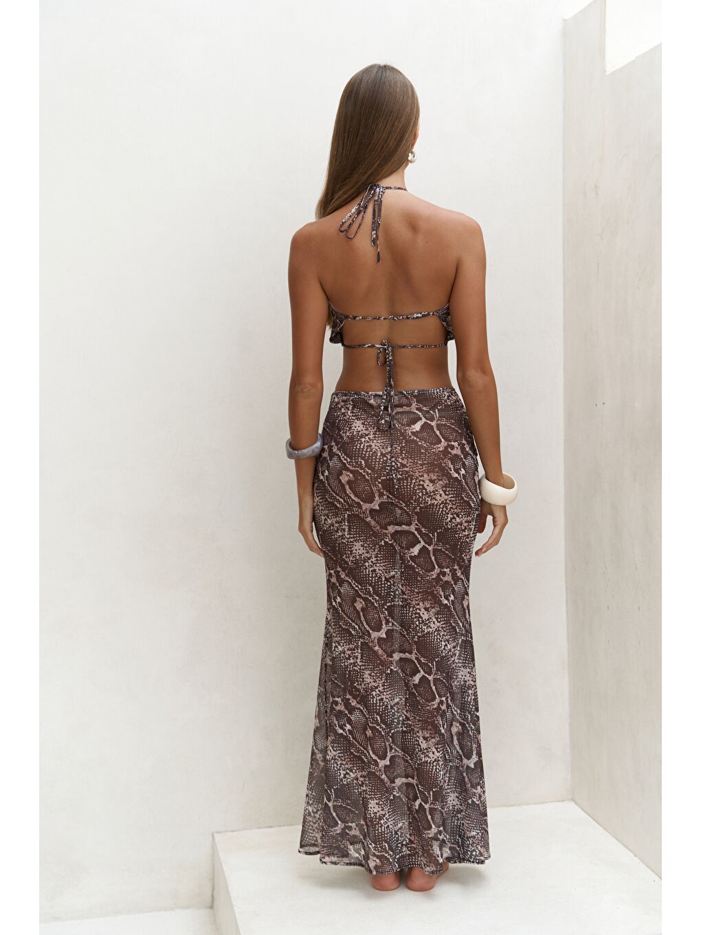 Bej Griffin Bağcık Detaylı Vizon Uzun Elbise-4