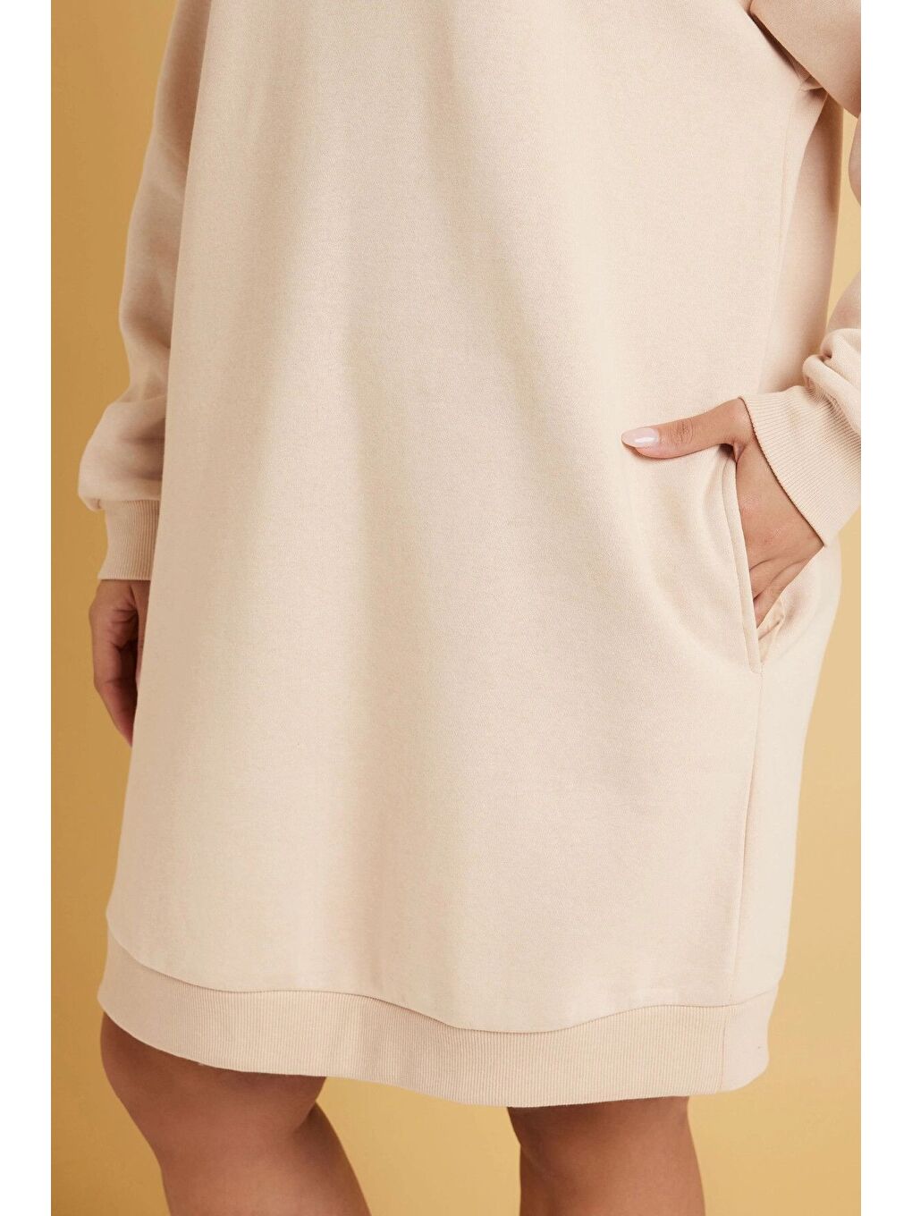 Bej Büyük Beden Bisiklet Yaka Uzun Kollu Cepli Şardonlu Sweastshirt Elbise 304038-3
