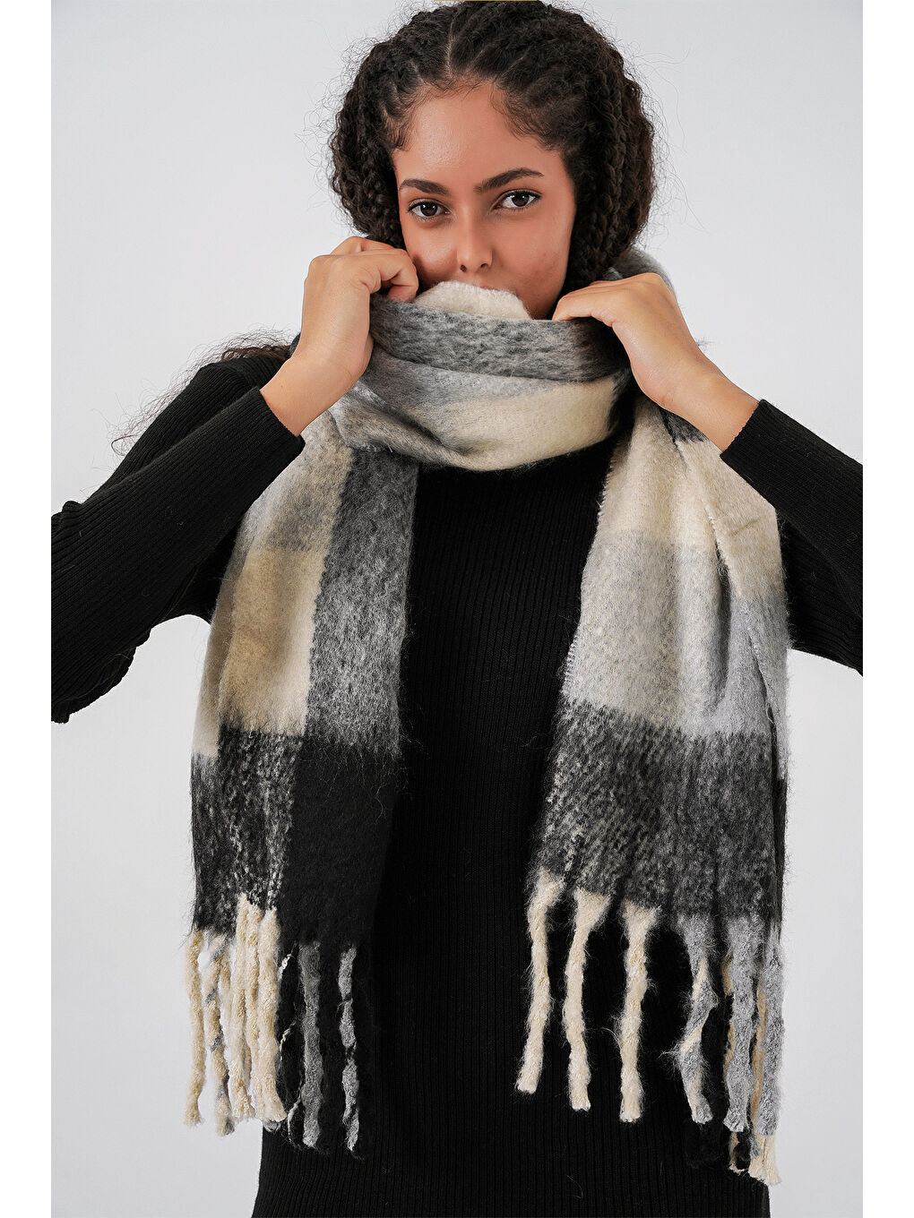 Kadın Yumuşak Dokulu Kalın Şal Atkı 15951 - A.Siyah-5