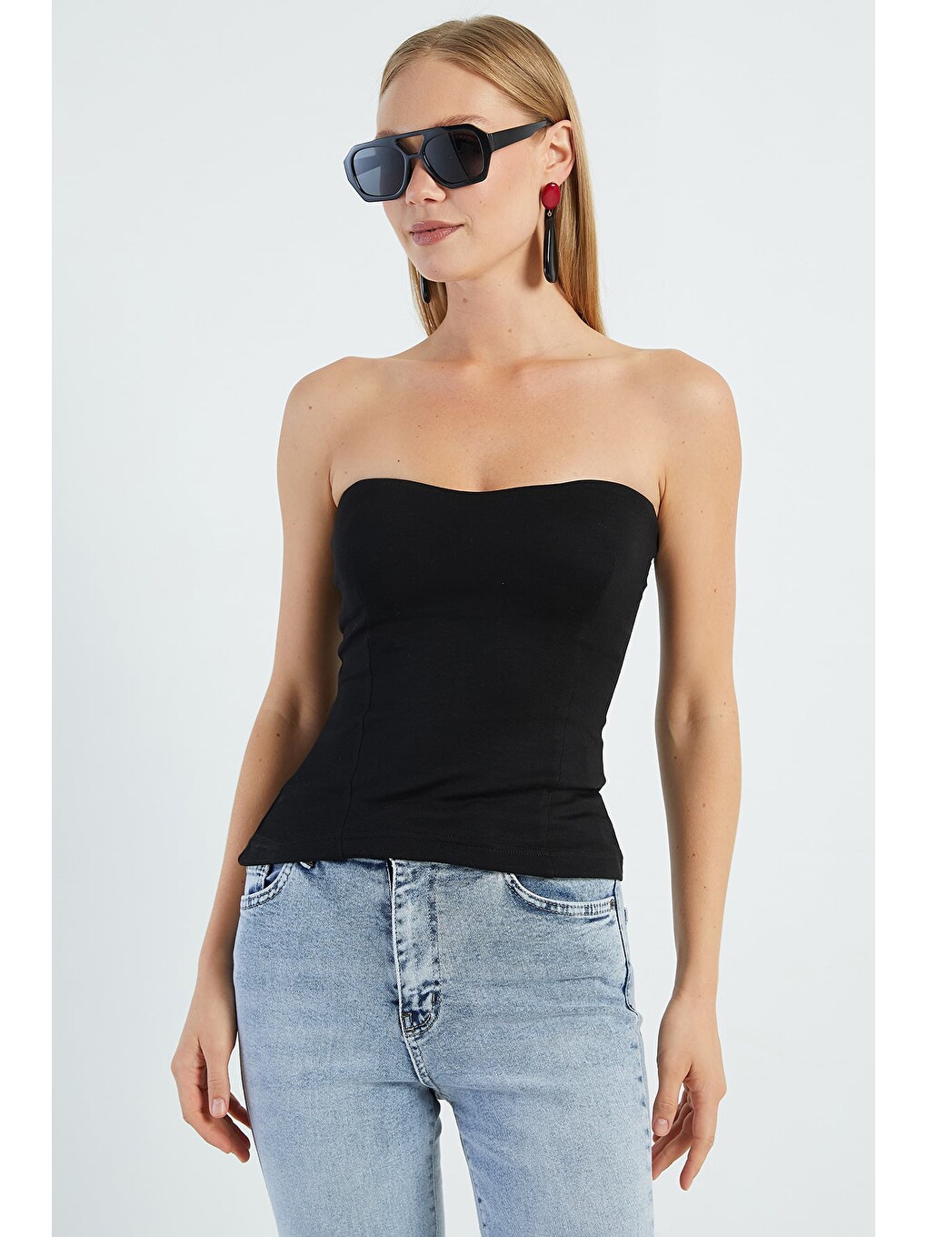 Siyah Basic Straplez Yaka Kaplı Bluz-2