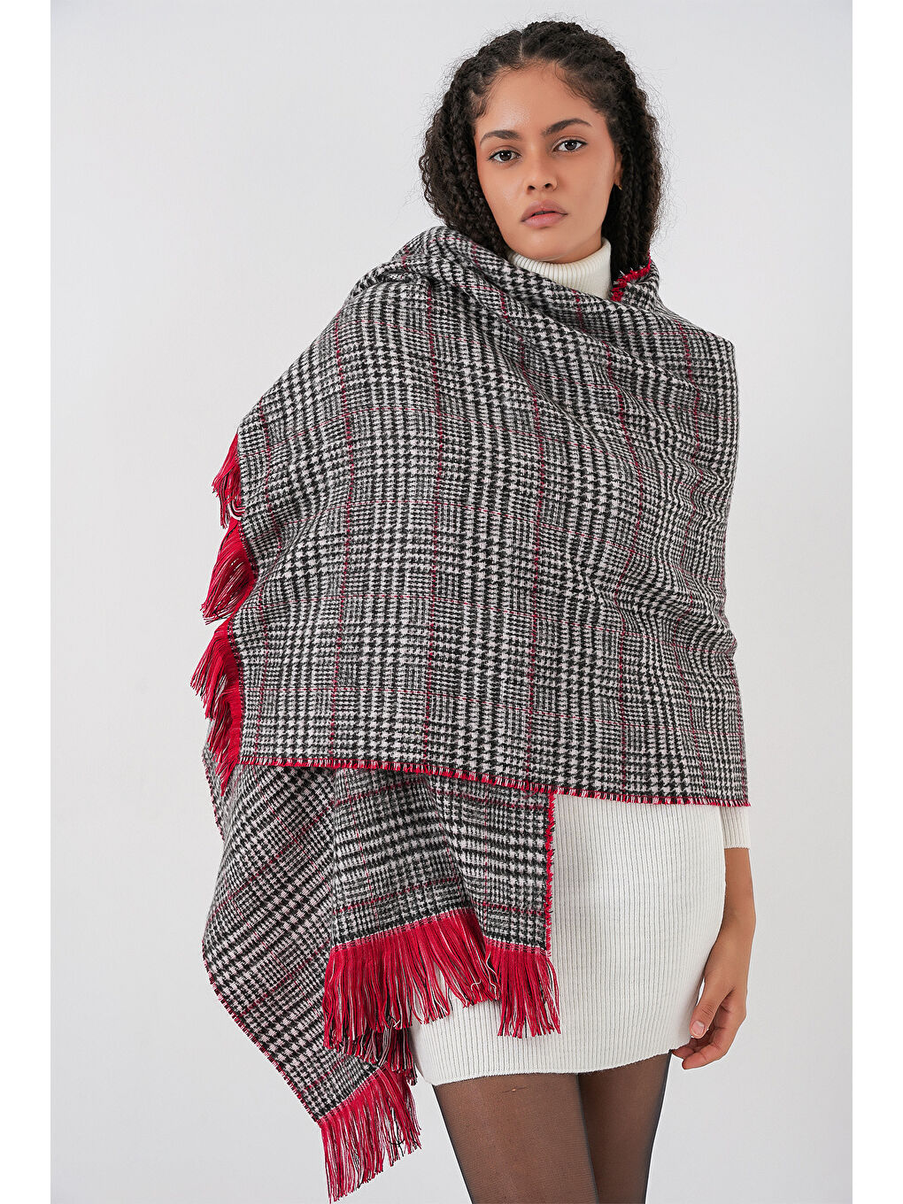 Kadın Yumuşak Dokulu Kalın Şal Atkı 15951 - Kırmızı-3