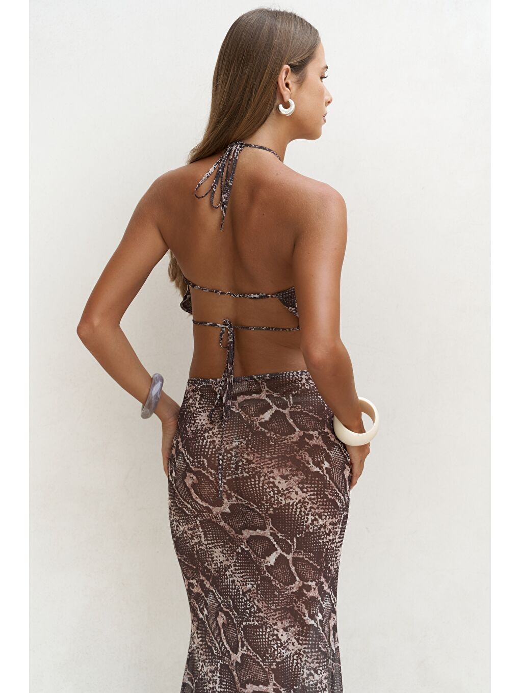 Bej Griffin Bağcık Detaylı Vizon Uzun Elbise-6