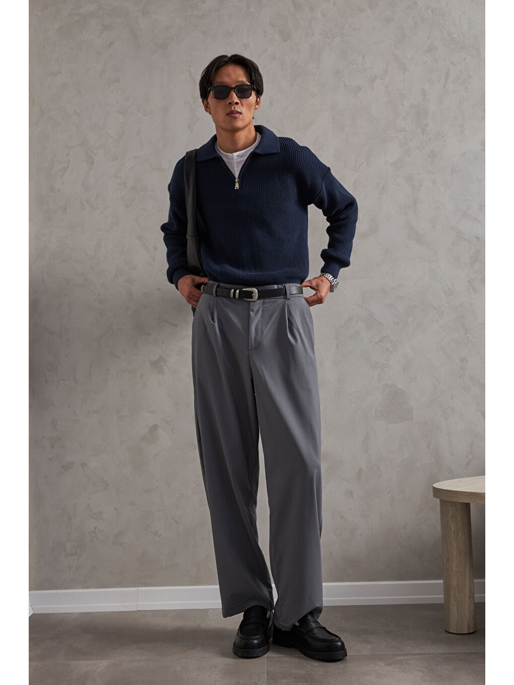 Lacivert Erkek Yakası Fermuarlı Oversize Kazak-5