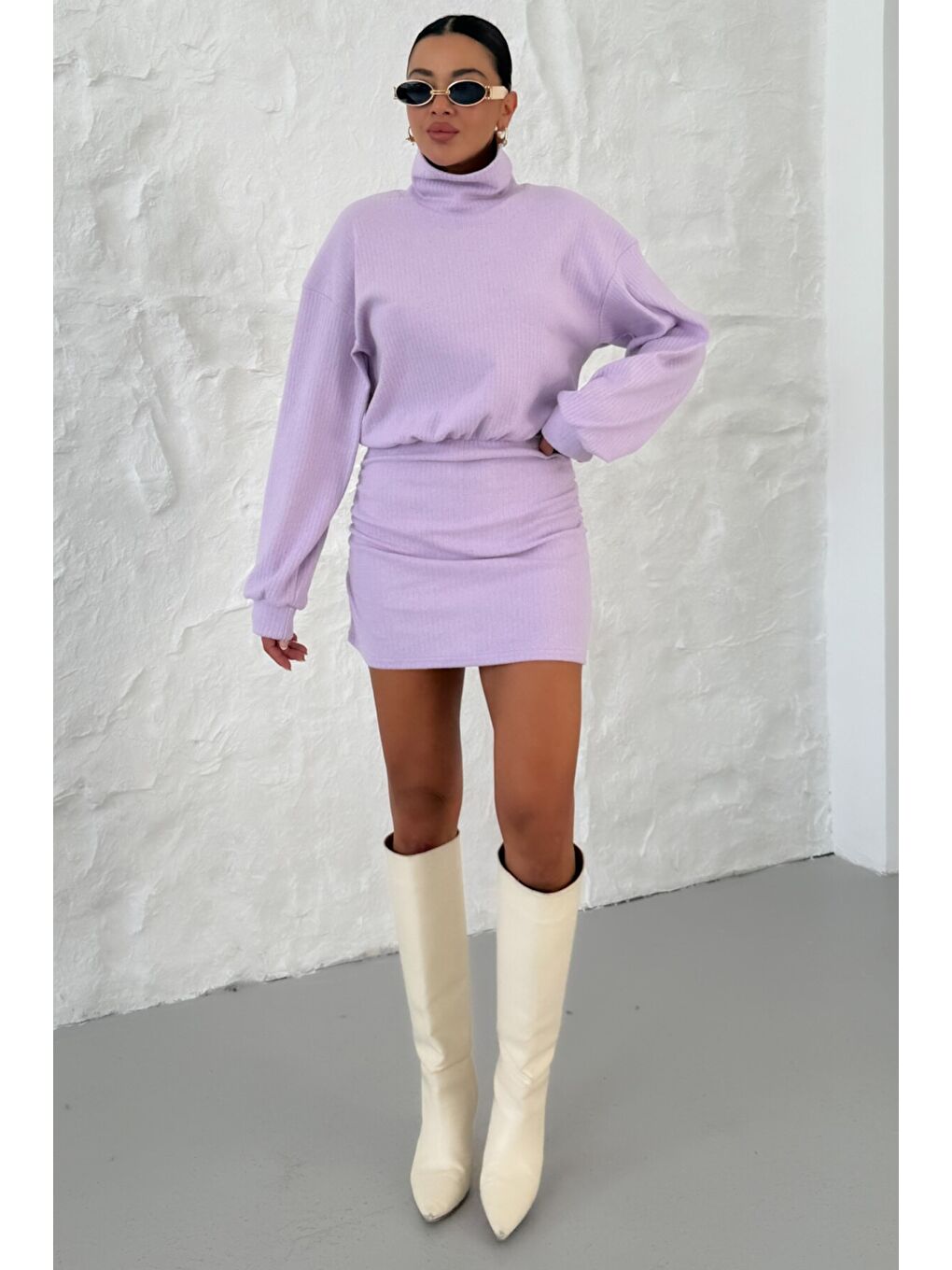 Mor Kadın Eflatun Boğazlı Bel Lastikli İnterlok Mini Elbise-4