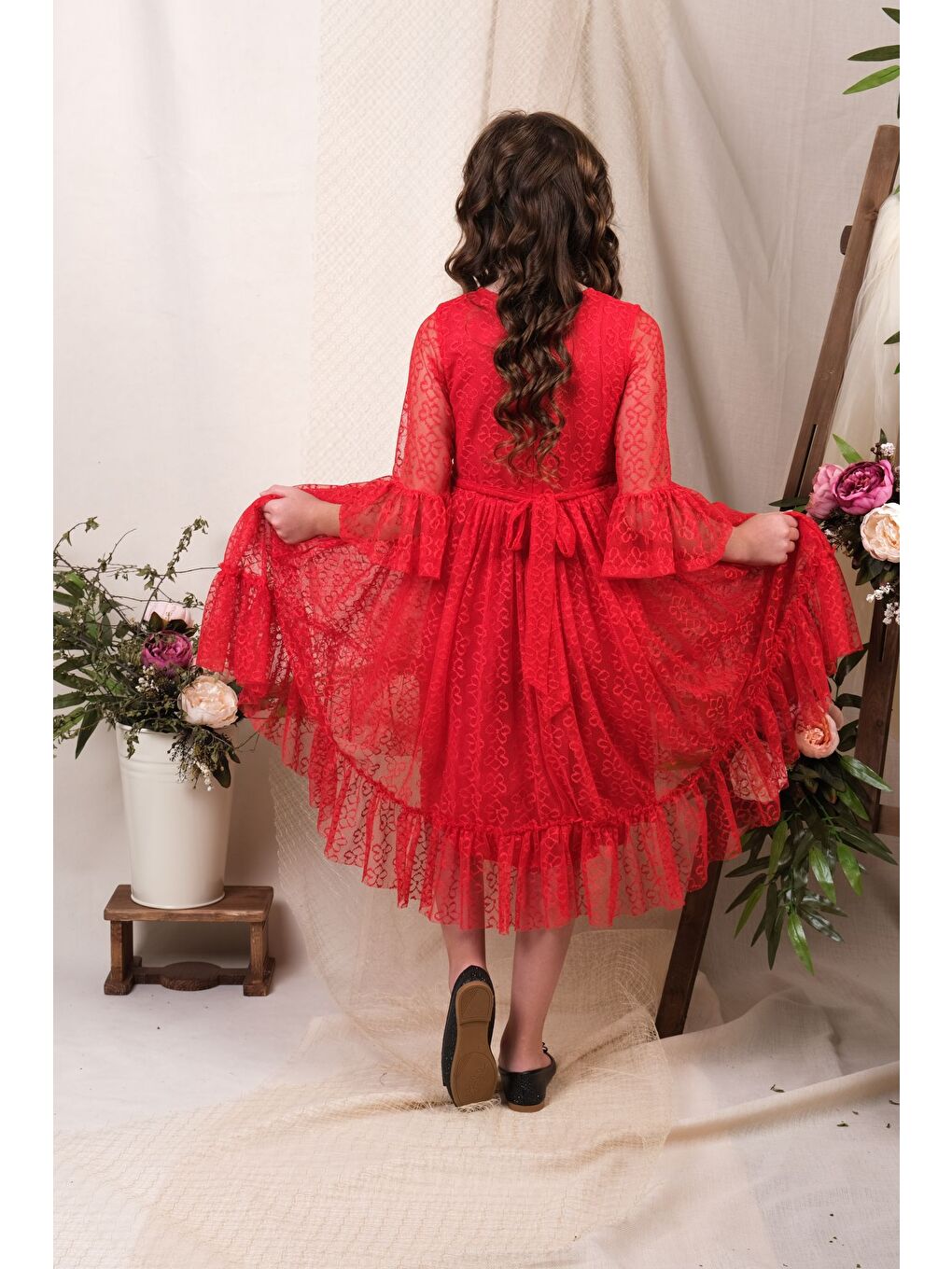 Kırmızı Uzun Kol Dantel Makri Kız Çocuk Elbise MNK0600-4
