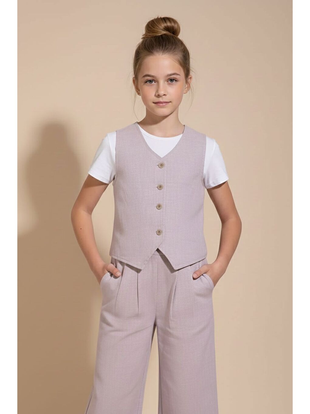 Pembe Gül Kurusu Düğmeli Keten Yelekli Geniş Paça Pantolonlu Kız Çocuk Takım 23491-1