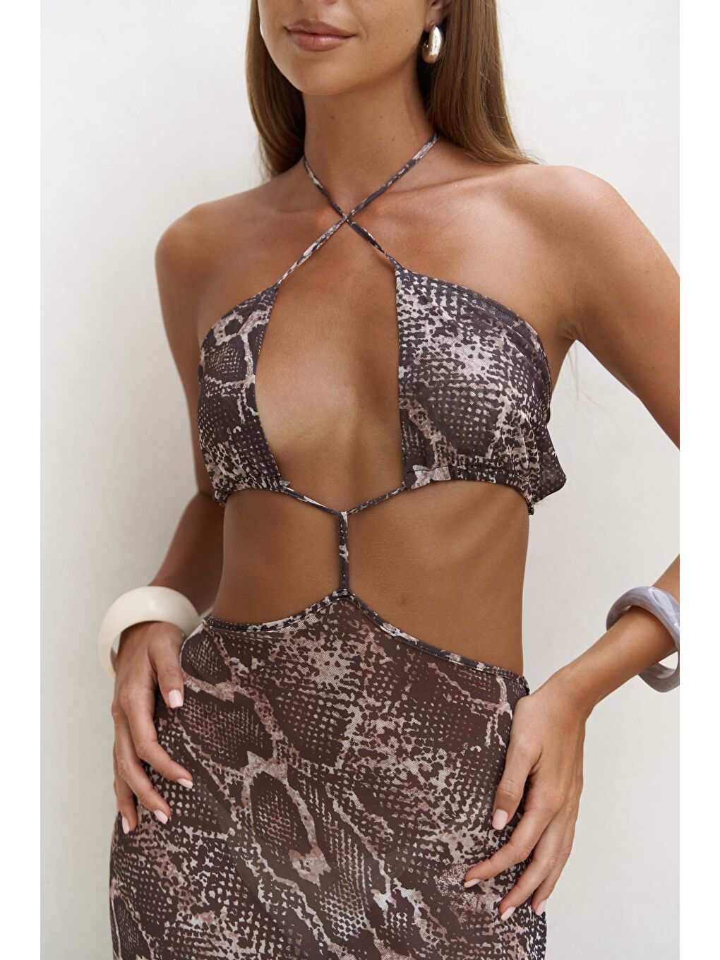 Bej Griffin Bağcık Detaylı Vizon Uzun Elbise-7