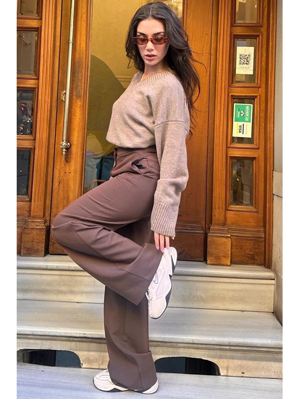 Bej Vizon V Yaka Oversize Kadın Triko Kazak Mg2149-4