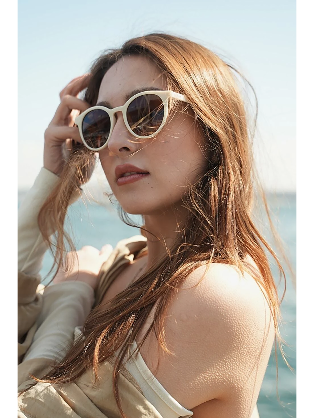 Ekru Kadın Krem Soft Retro Yuvarlak Güneş Gözlüğü-1