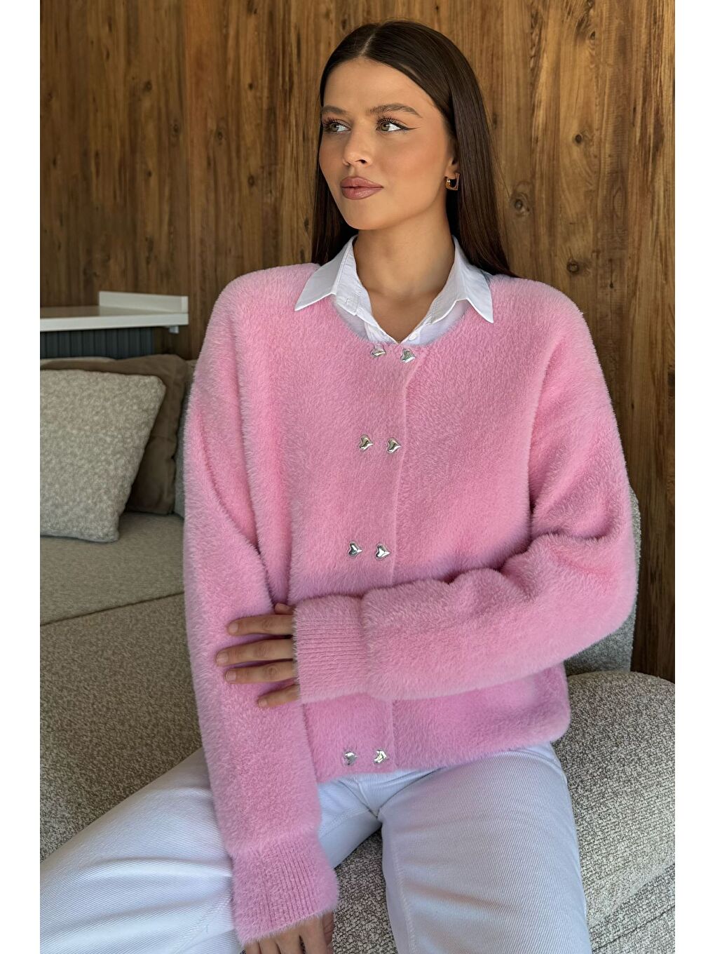Pembe Kalp Düğmeli Şardonlu Triko Ceket (s,m,l,xl Uyumludur)
