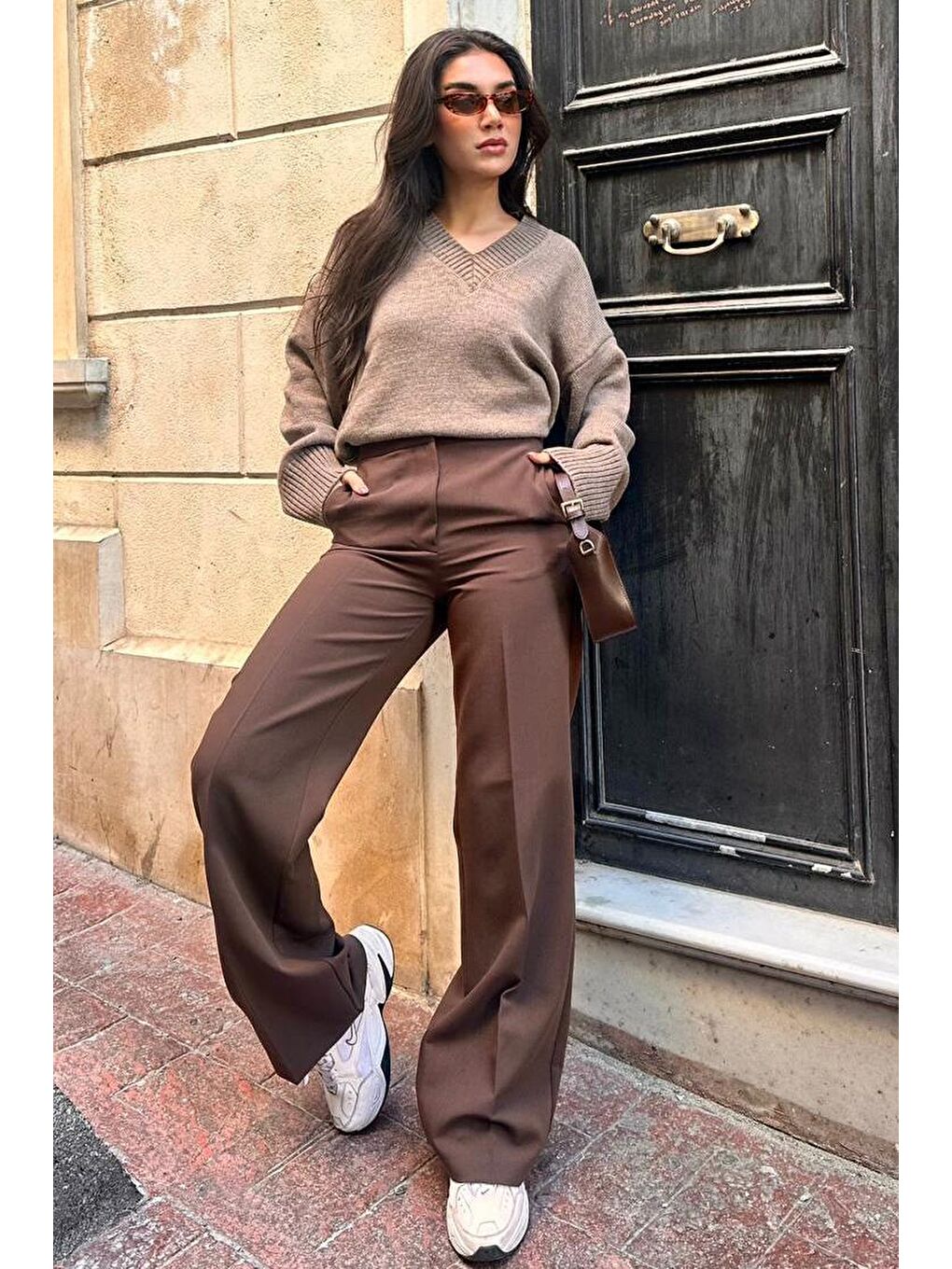 Bej Vizon V Yaka Oversize Kadın Triko Kazak Mg2149-5