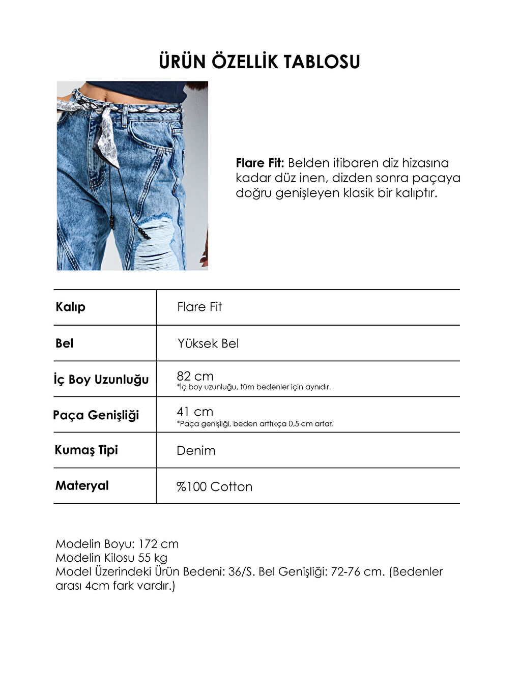 Kadın Mavi Flare Fit Altı Beslemeli Yırtık ve Fular Detaylı Tasarım Denim Jean-4
