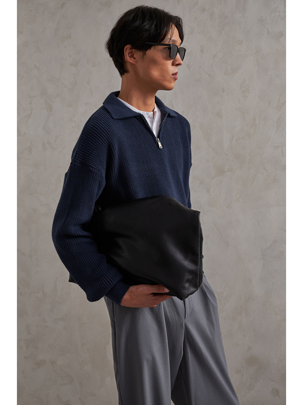 Lacivert Erkek Yakası Fermuarlı Oversize Kazak-6