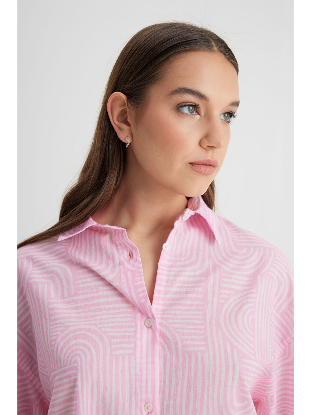 Relaxed Fit Geniş Kesim %100 Pamuk Pembe Gömlek-2