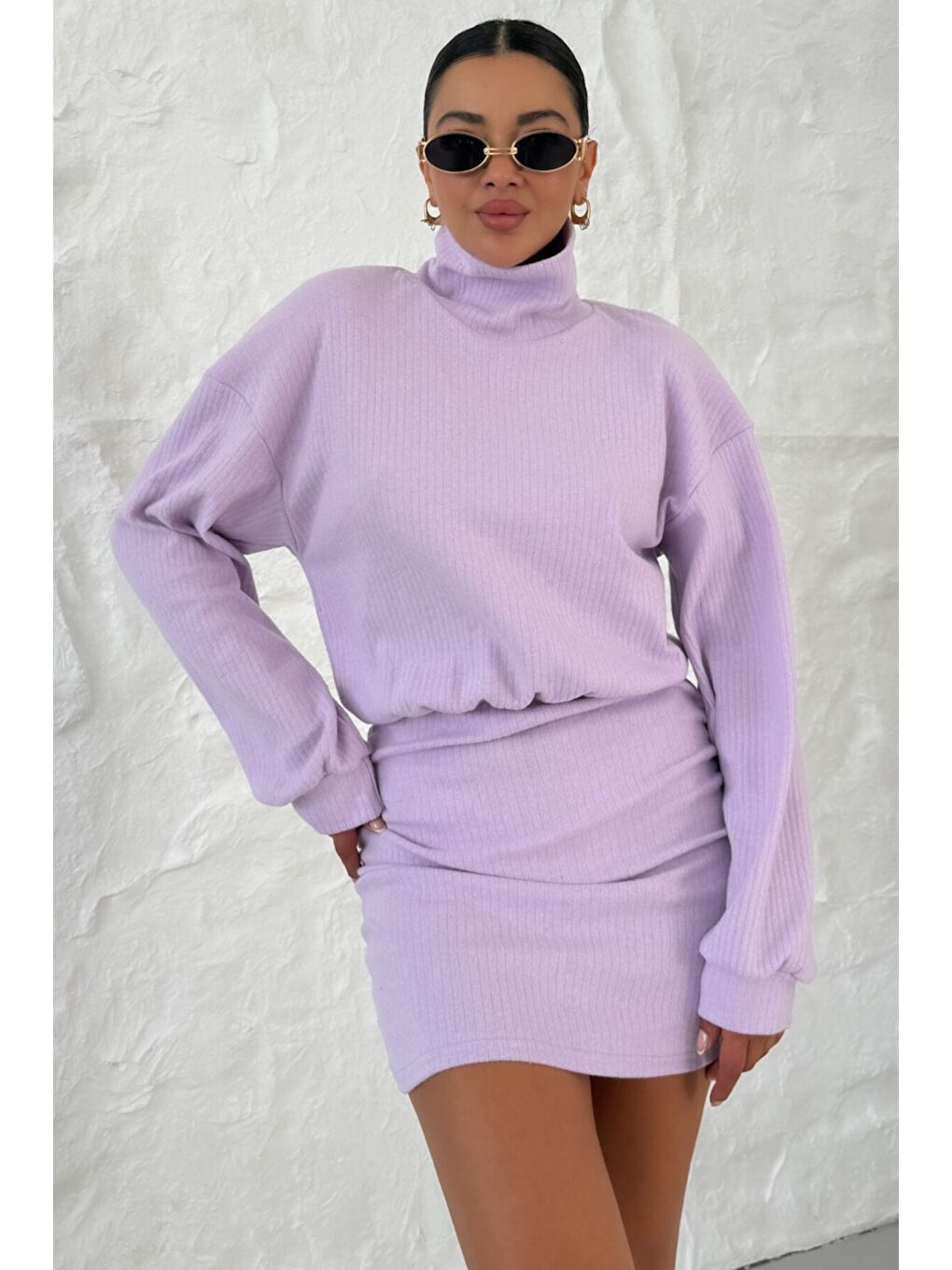 Mor Kadın Eflatun Boğazlı Bel Lastikli İnterlok Mini Elbise-5