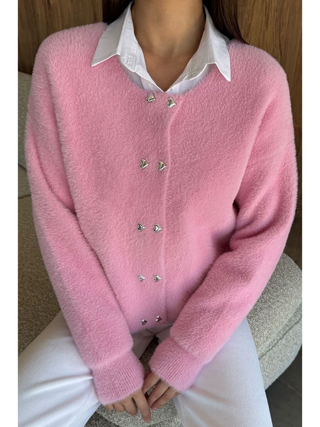 Pembe Kalp Düğmeli Şardonlu Triko Ceket (s,m,l,xl Uyumludur)-1