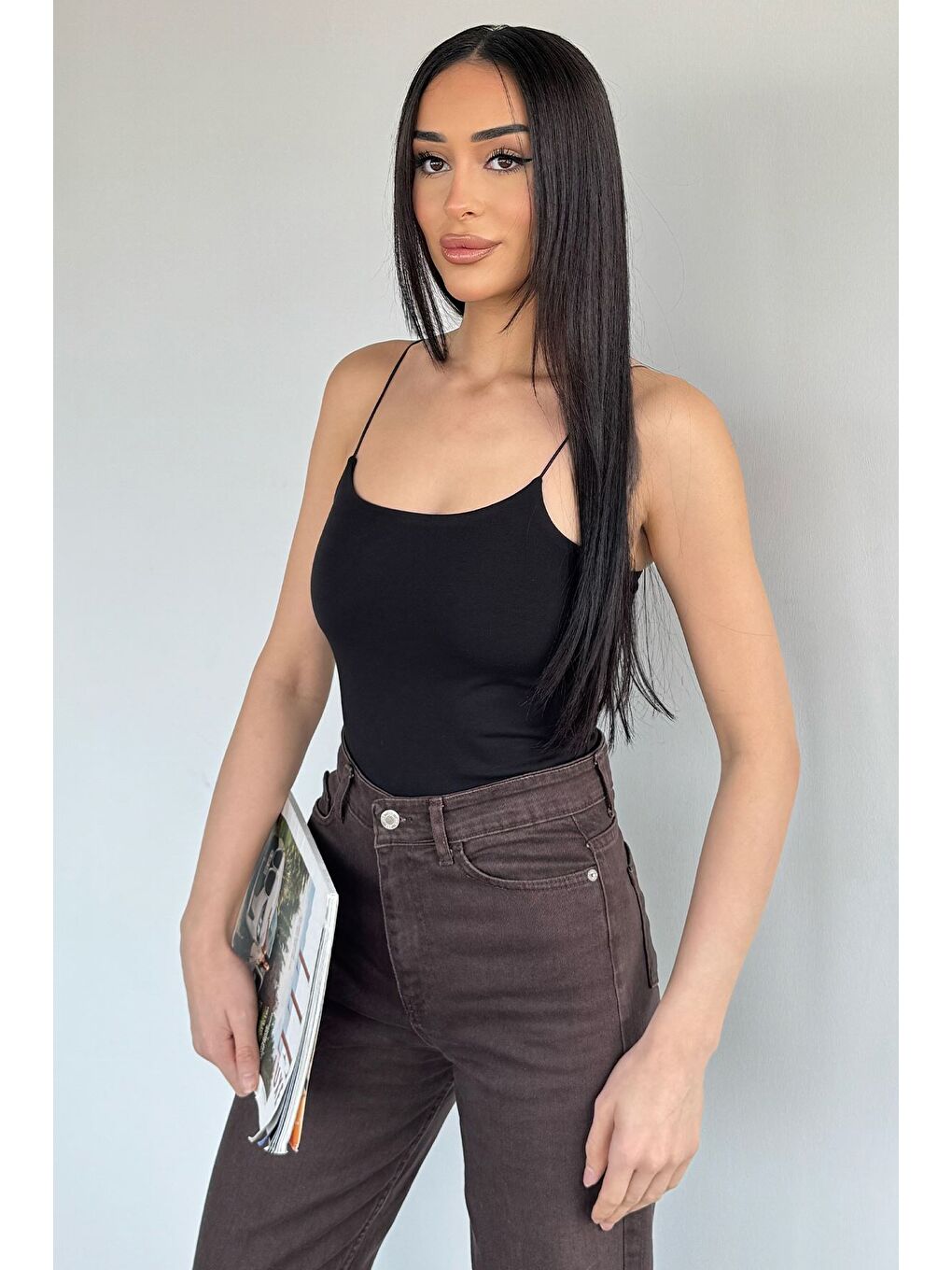 Siyah Kadın İp Askılı Elastanlı Crop Top Bluz-1