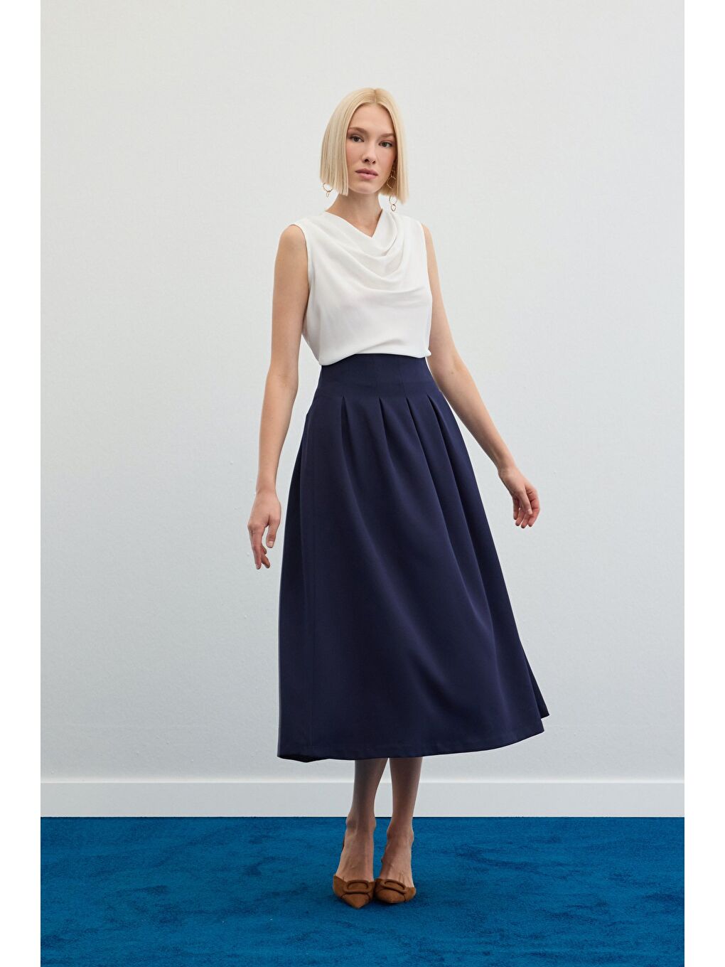 Pileli Midi Etek - Lacivert-1