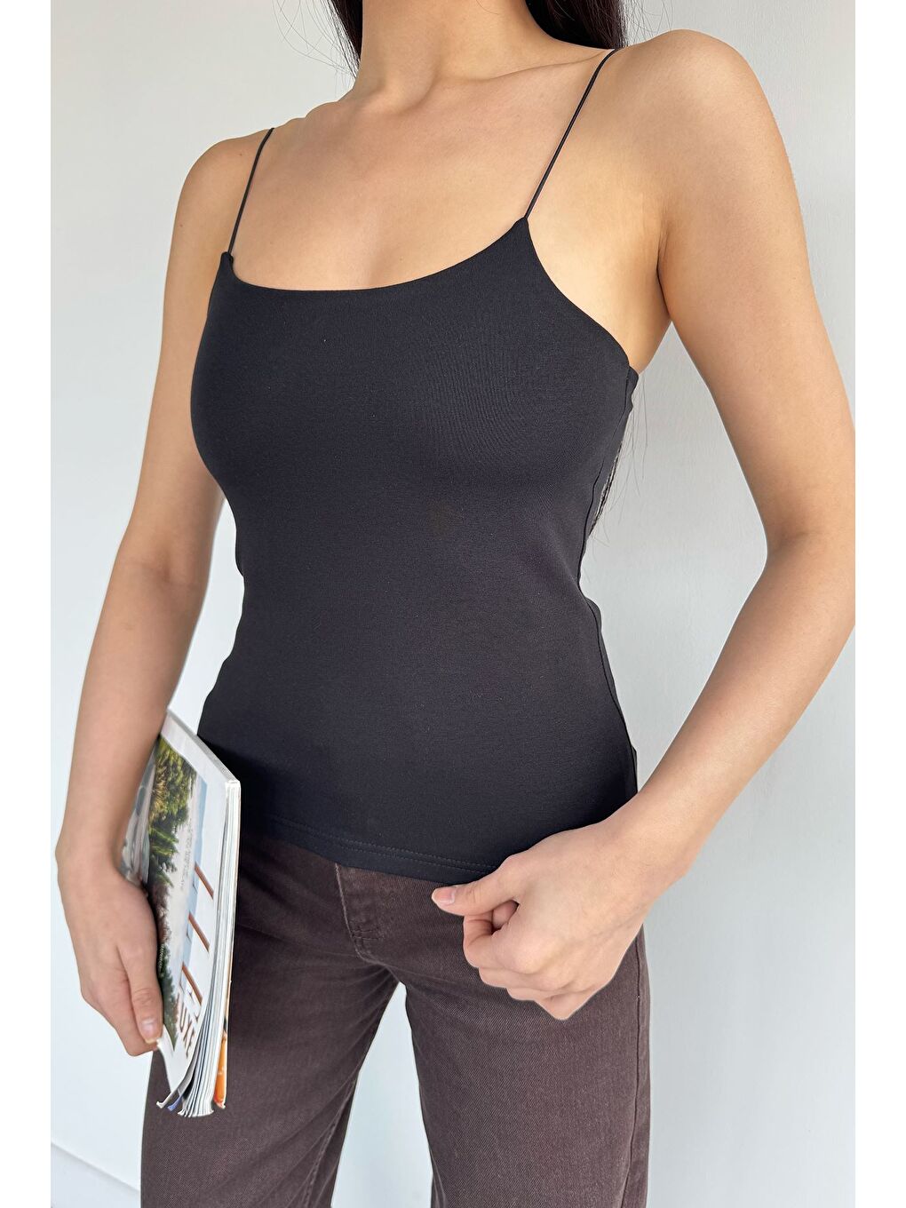 Siyah Kadın İp Askılı Elastanlı Crop Top Bluz-2