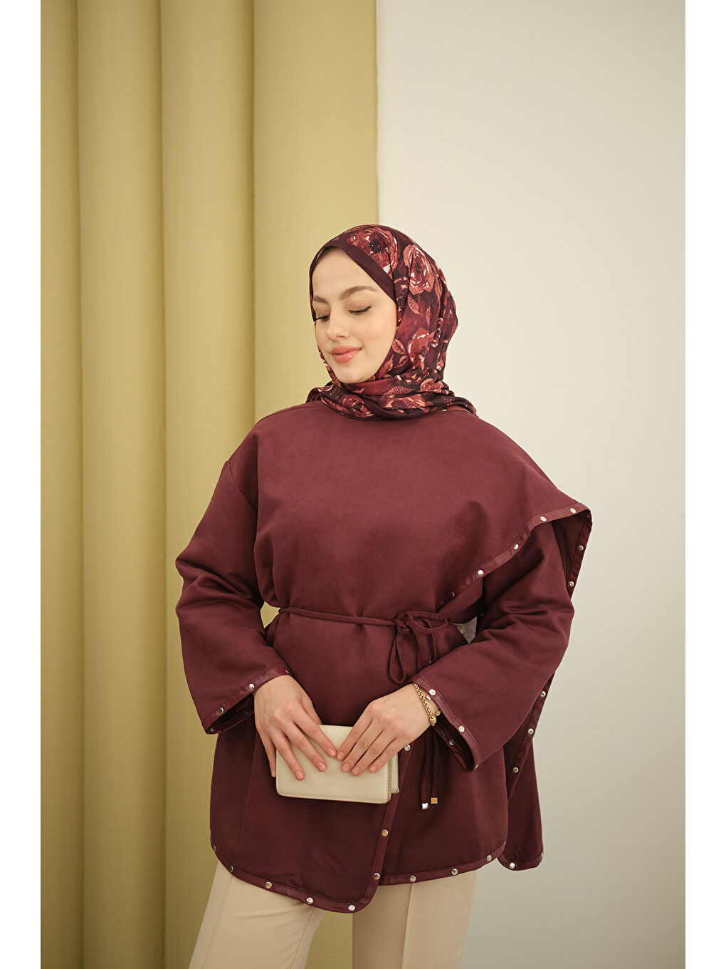 Kadın Dikişleri Deri Detay Ceket Mürdüm