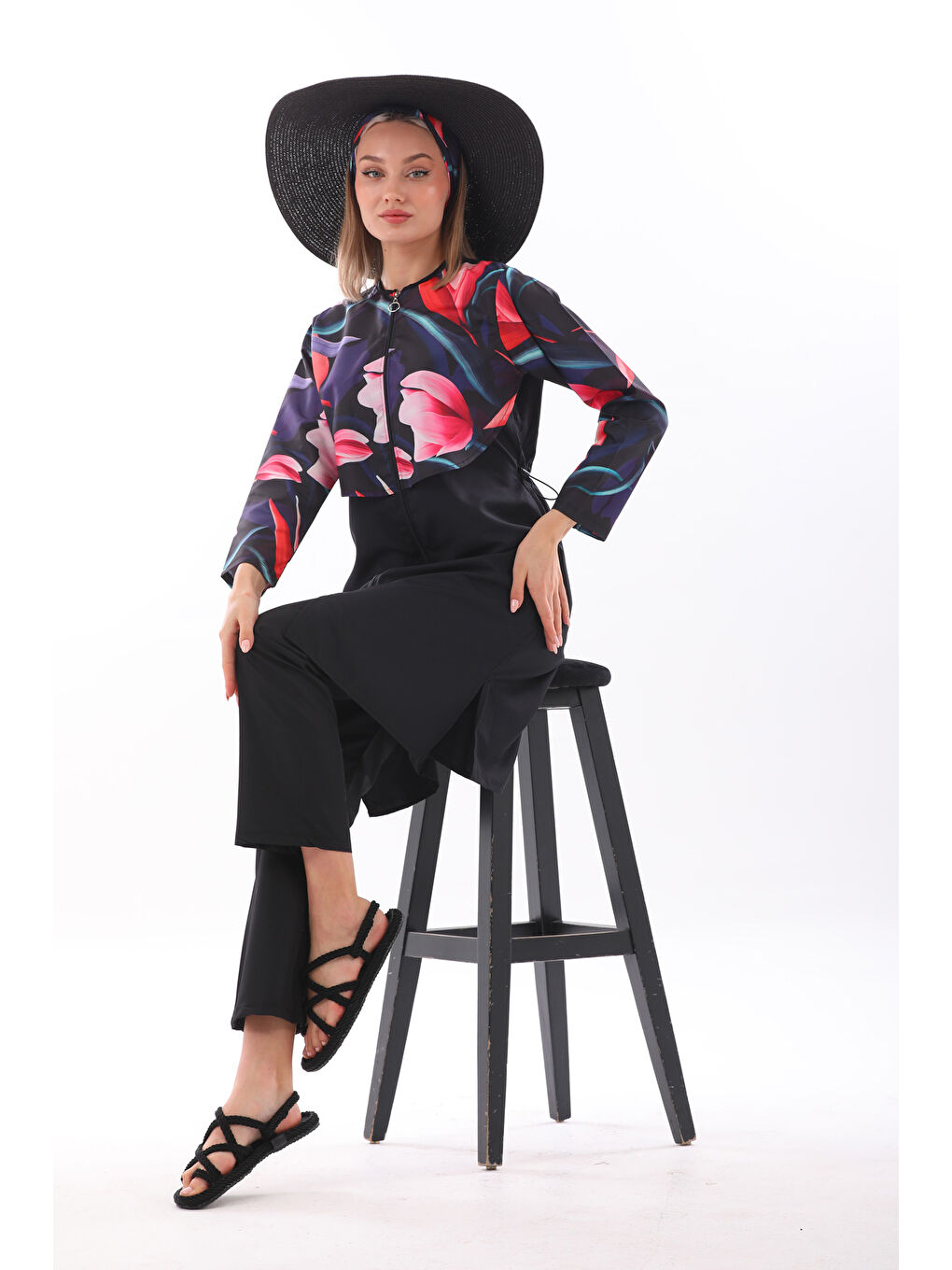 Siyah Paraşüt Tam Kapalı Tesettür Mayo Aller 2403 Flower-2