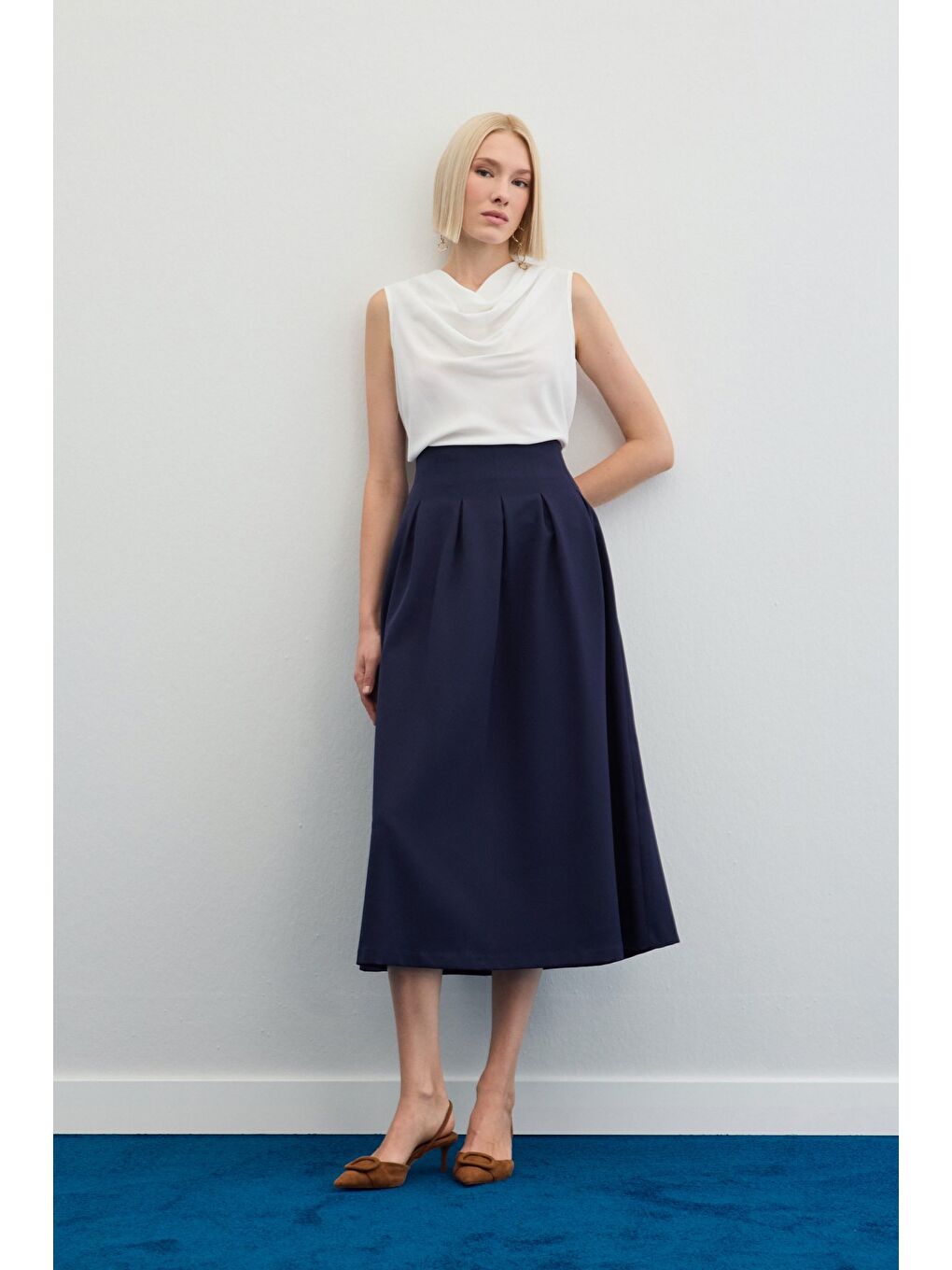 Pileli Midi Etek - Lacivert-2