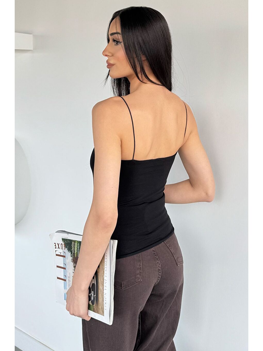 Siyah Kadın İp Askılı Elastanlı Crop Top Bluz-3