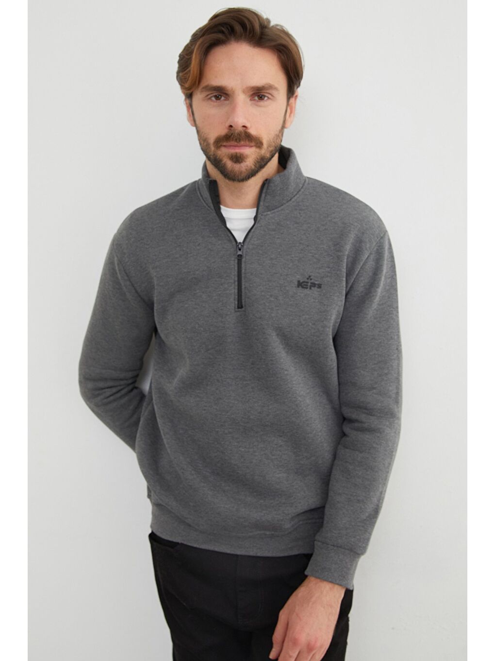 Antrasit 3 İplik Yarım Fermuarlı Sweatshirt