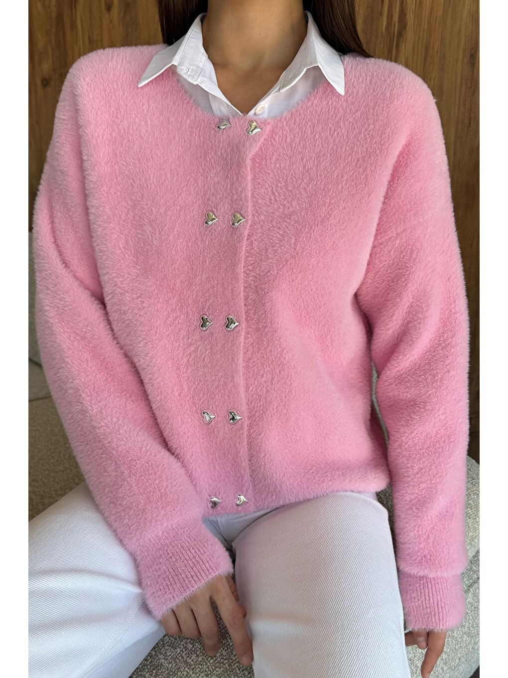 Pembe Kalp Düğmeli Şardonlu Triko Ceket (s,m,l,xl Uyumludur)-2