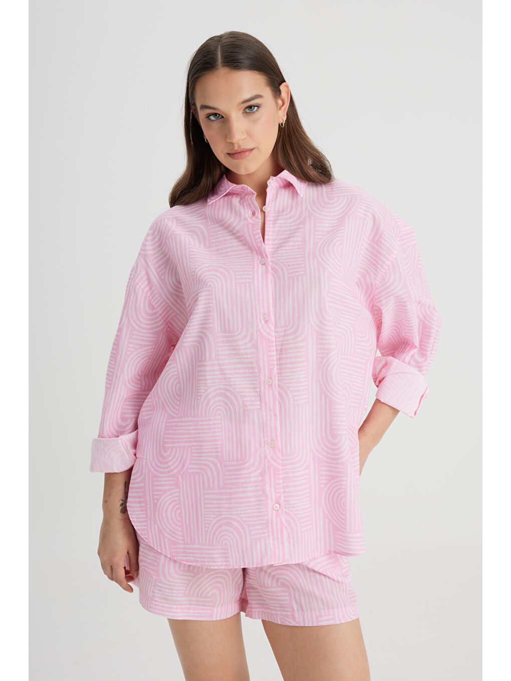 Relaxed Fit Geniş Kesim %100 Pamuk Pembe Gömlek-3