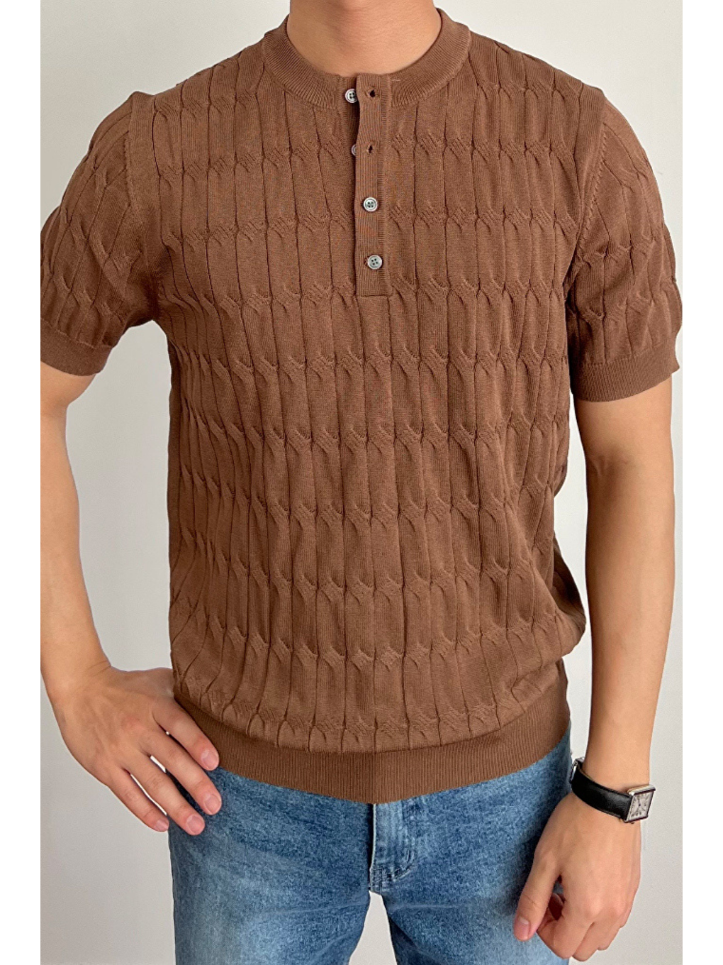 Erkek Kahverengi Hakim Yaka Düğmeli Slim Fit Triko T-Shirt-1