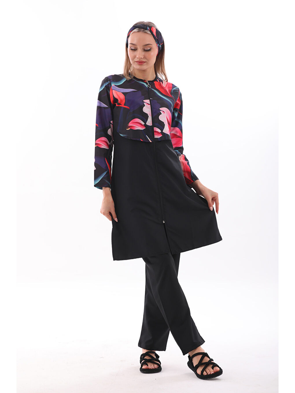 Siyah Paraşüt Tam Kapalı Tesettür Mayo Aller 2403 Flower-3