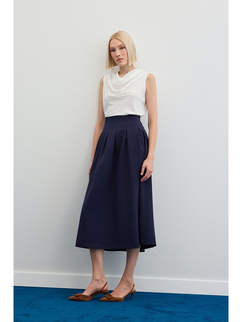 Pileli Midi Etek - Lacivert-3