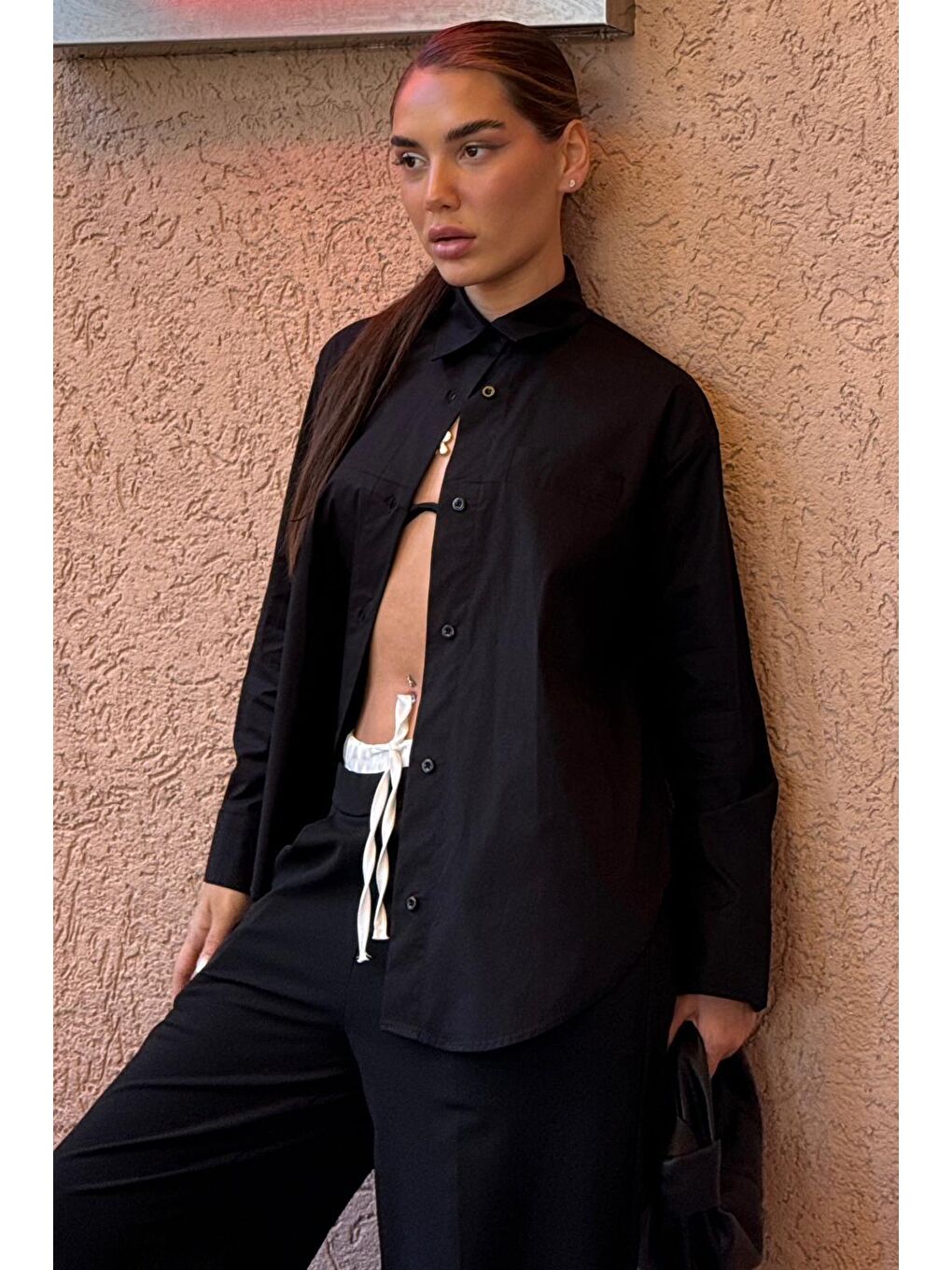 Siyah Düz Kesim Düğmeli Kadın Gömlek Mg2583-2