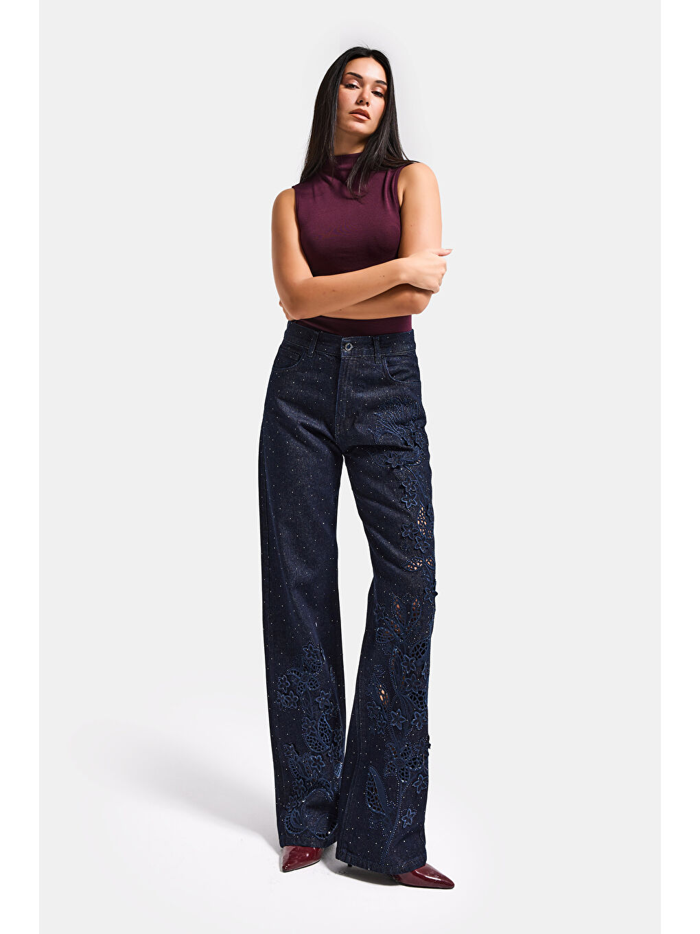 Kadın İndigo Selvedge T-7s6-50 Loose Fit Nakış Dantel Desenli Özel Tasarım Denim Jean-1